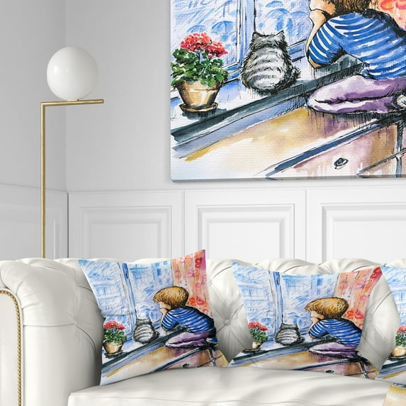 Designart Little Boy and Cat Watching City - Modern Portrait Throw Pillow - 18x18
