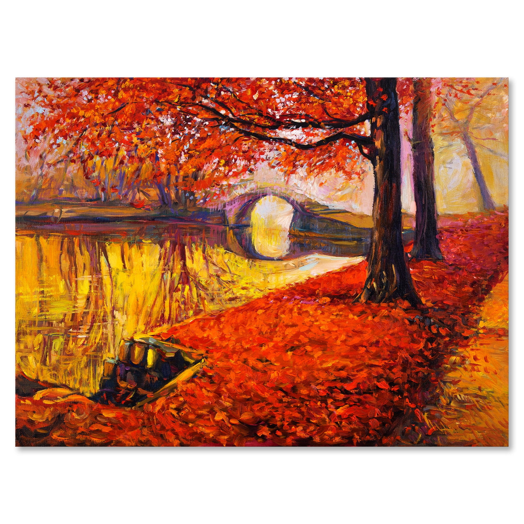 Designart ' Little Bridge In Deep Orange Autumn Landscape I ' Traditional Canvas Wall Art Print