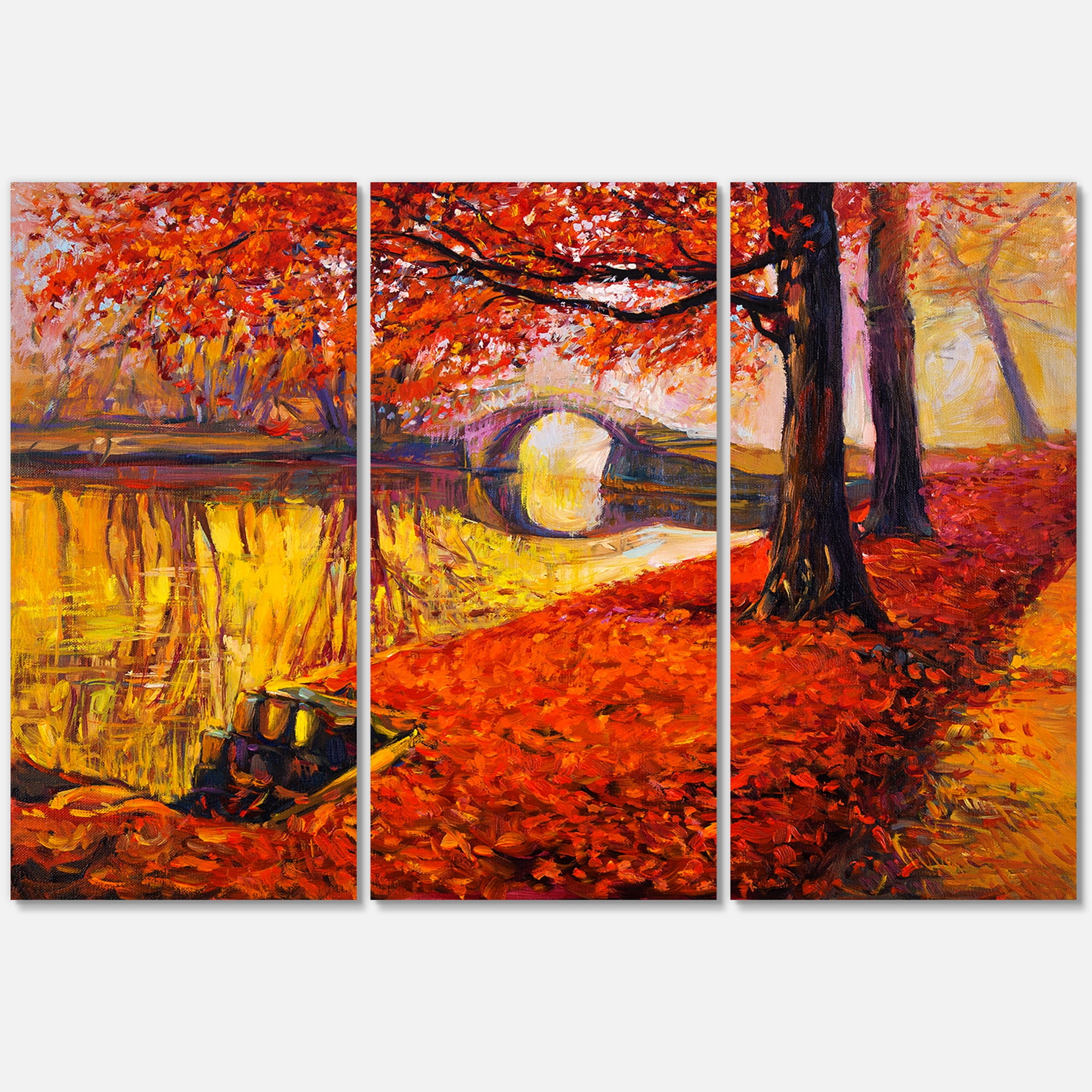 Designart ' Little Bridge In Deep Orange Autumn Landscape I ' Traditional Canvas Wall Art Print