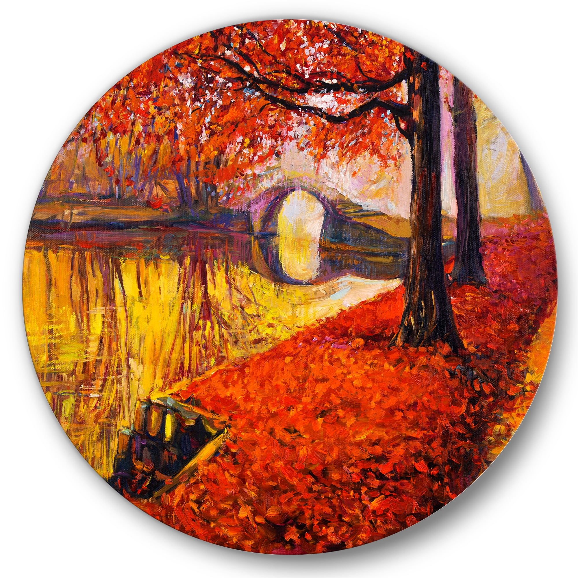Designart 'Little Bridge In Deep Orange Autumn Landscape I' Traditional Circle Metal Wall Art 23x23 - Disc of 23