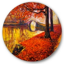 Designart 'Little Bridge In Deep Orange Autumn Landscape I' Traditional Circle Metal Wall Art 36x36 - Disc of 36