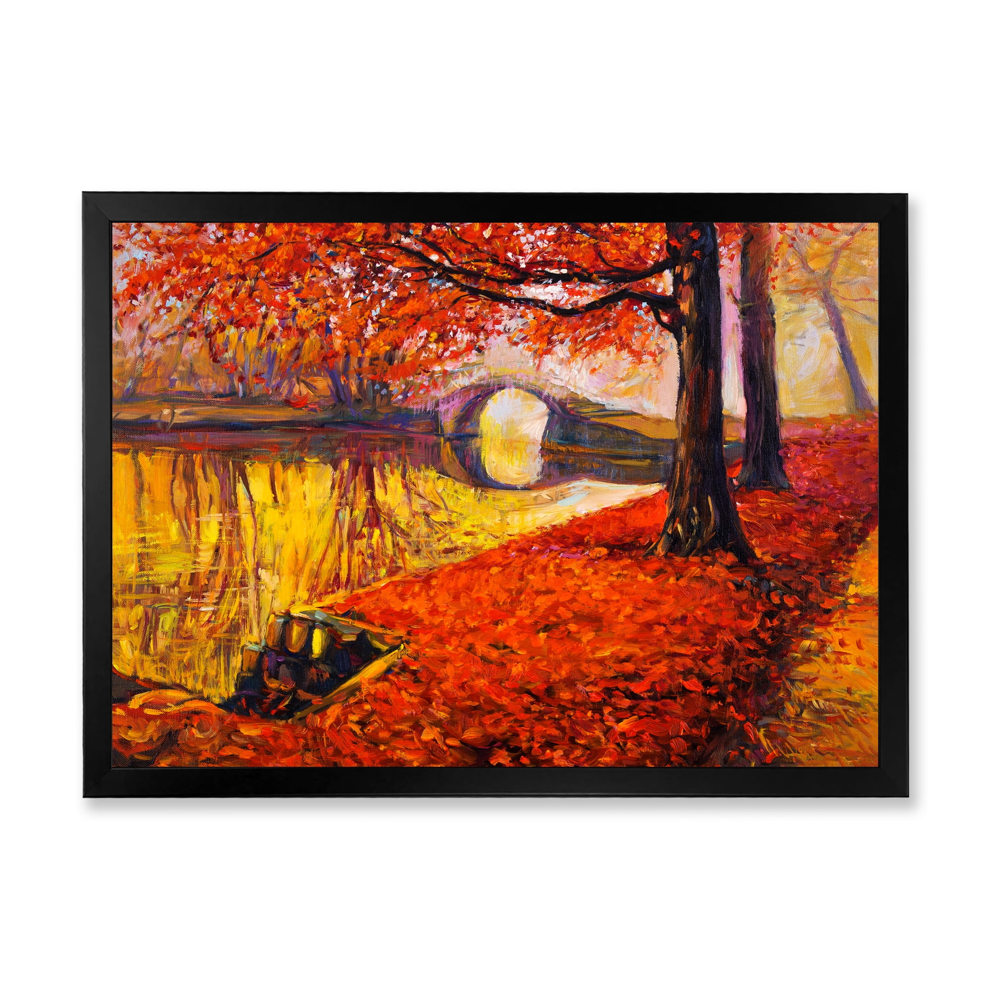 Designart 'Little Bridge In Deep Orange Autumn Landscape I' Traditional Framed Art Print