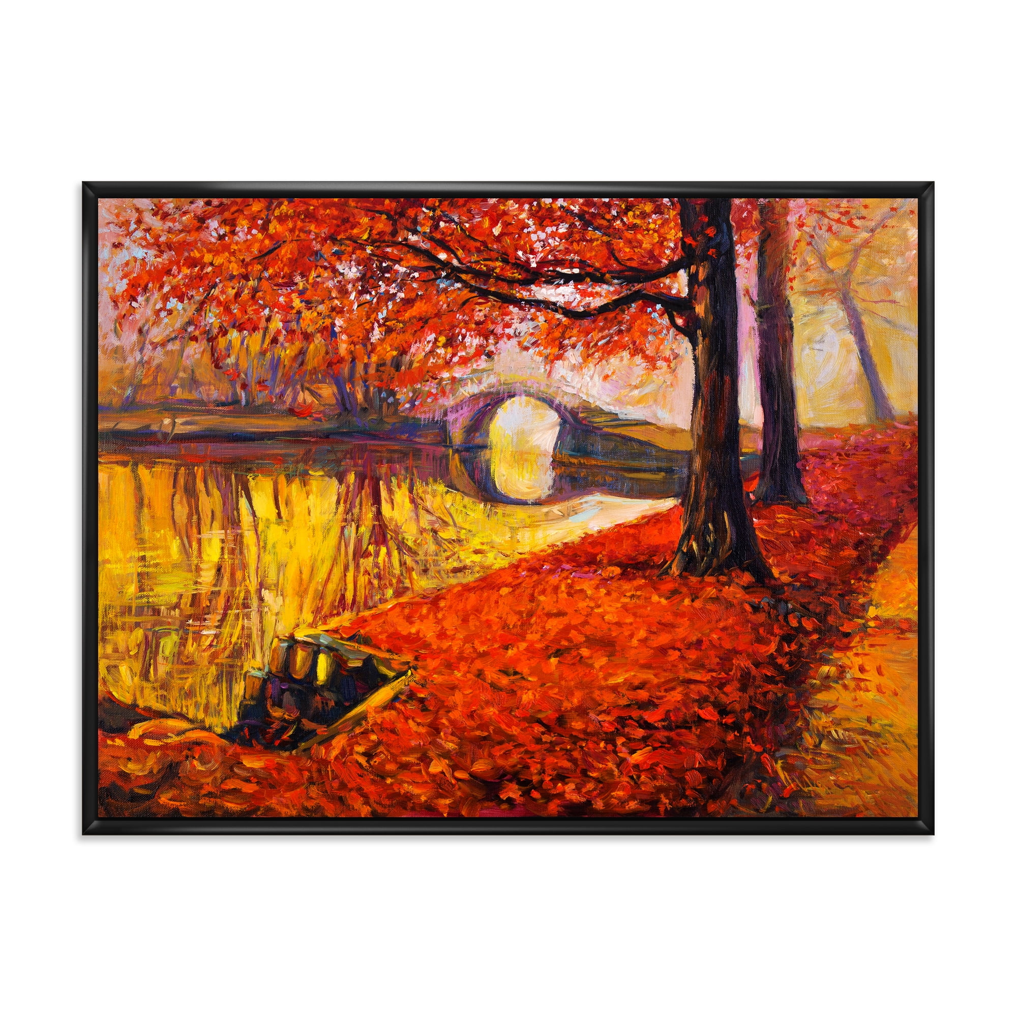 Designart 'Little Bridge In Deep Orange Autumn Landscape I' Traditional Framed Canvas Wall Art Print