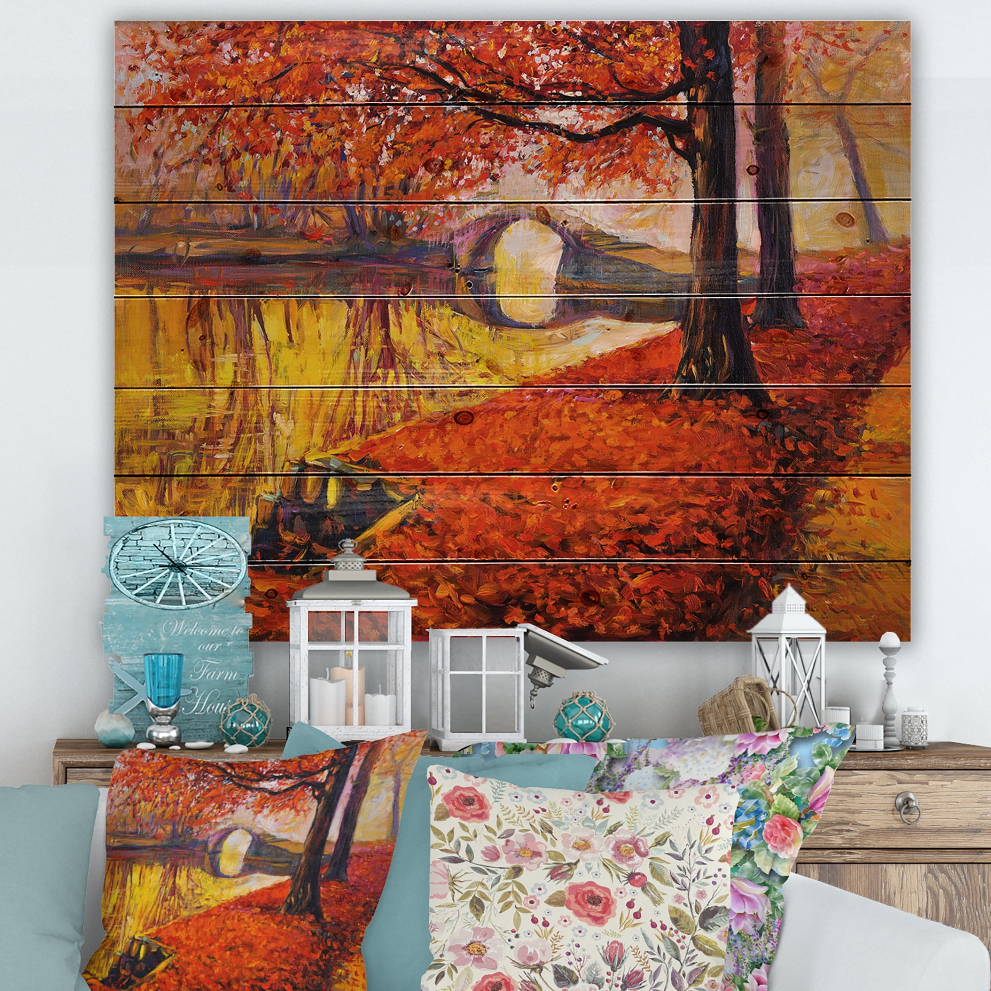 Designart 'Little Bridge In Deep Orange Autumn Landscape I' Traditional Print on Natural Pine Wood