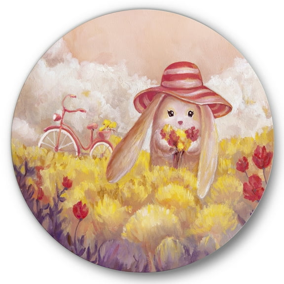 Designart 'Little Bunny With Yellow Flowers' Traditional Circle Metal Wall Art 36x36 - Disc of 36