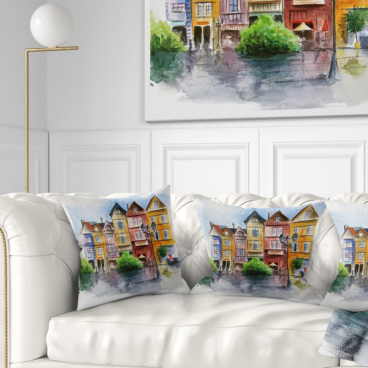 Designart Little City in Watercolor - Landscape Printed Throw Pillow - 16x16