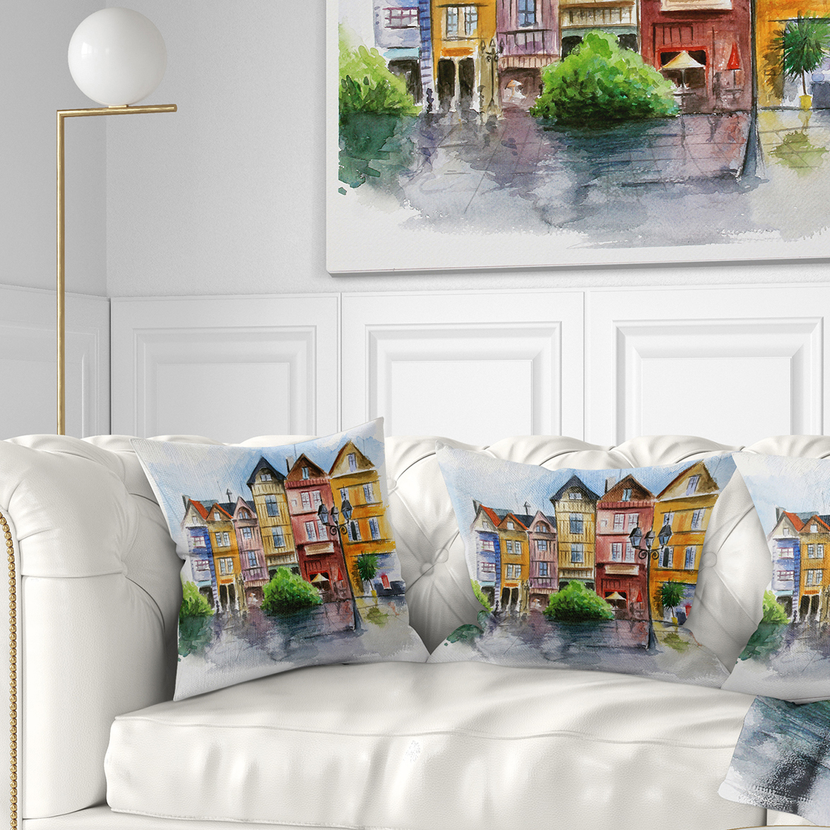 Designart Little City in Watercolor - Landscape Printed Throw Pillow - 18x18