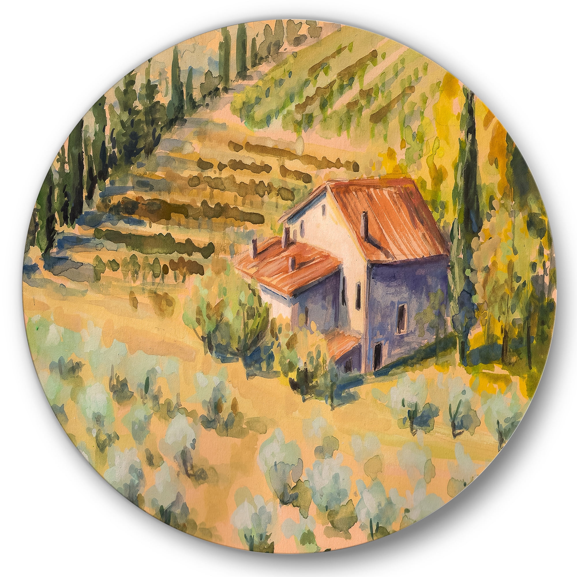 Designart 'Little Farmhouse In Countryside' Country Circle Metal Wall Art 36x36 - Disc of 36