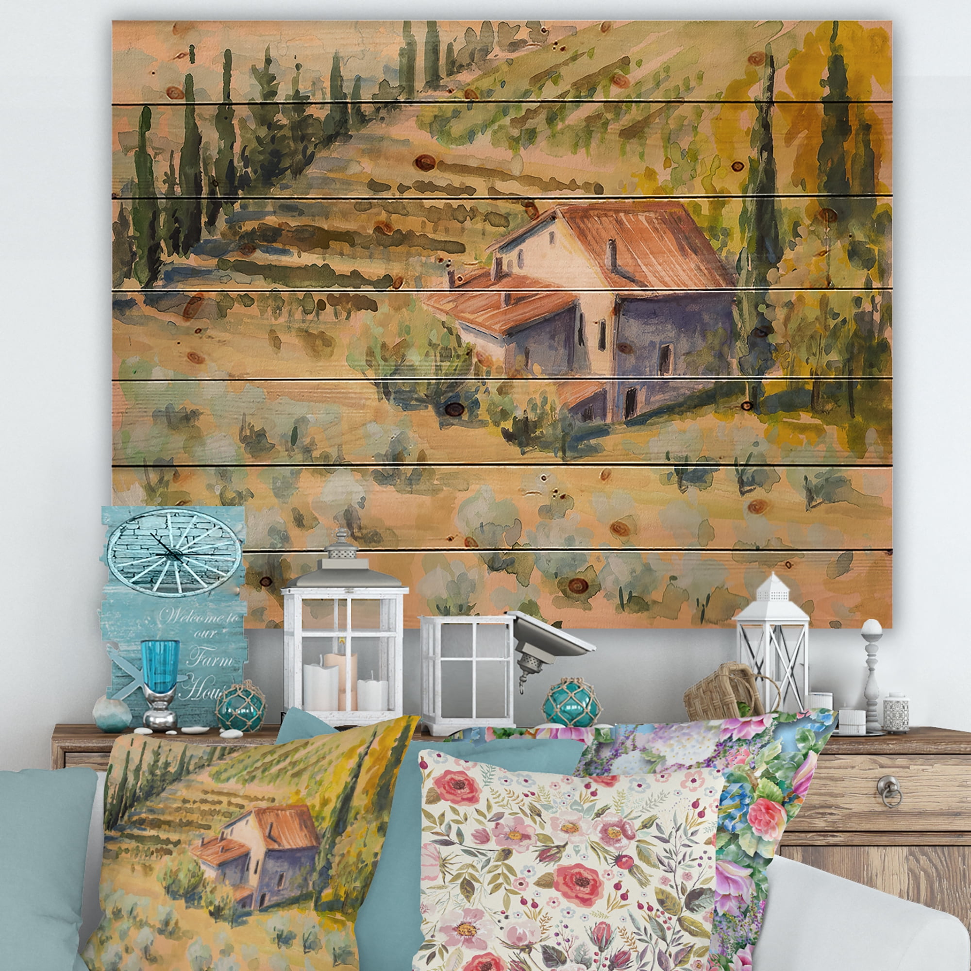 Designart 'Little Farmhouse In Countryside' Country Print on Natural Pine Wood