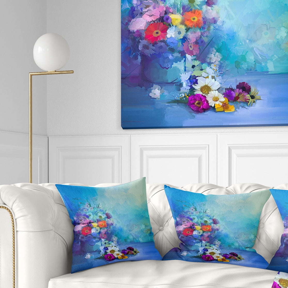 Designart Little Flowers on Blue Background - Floral Throw Pillow - 16x16