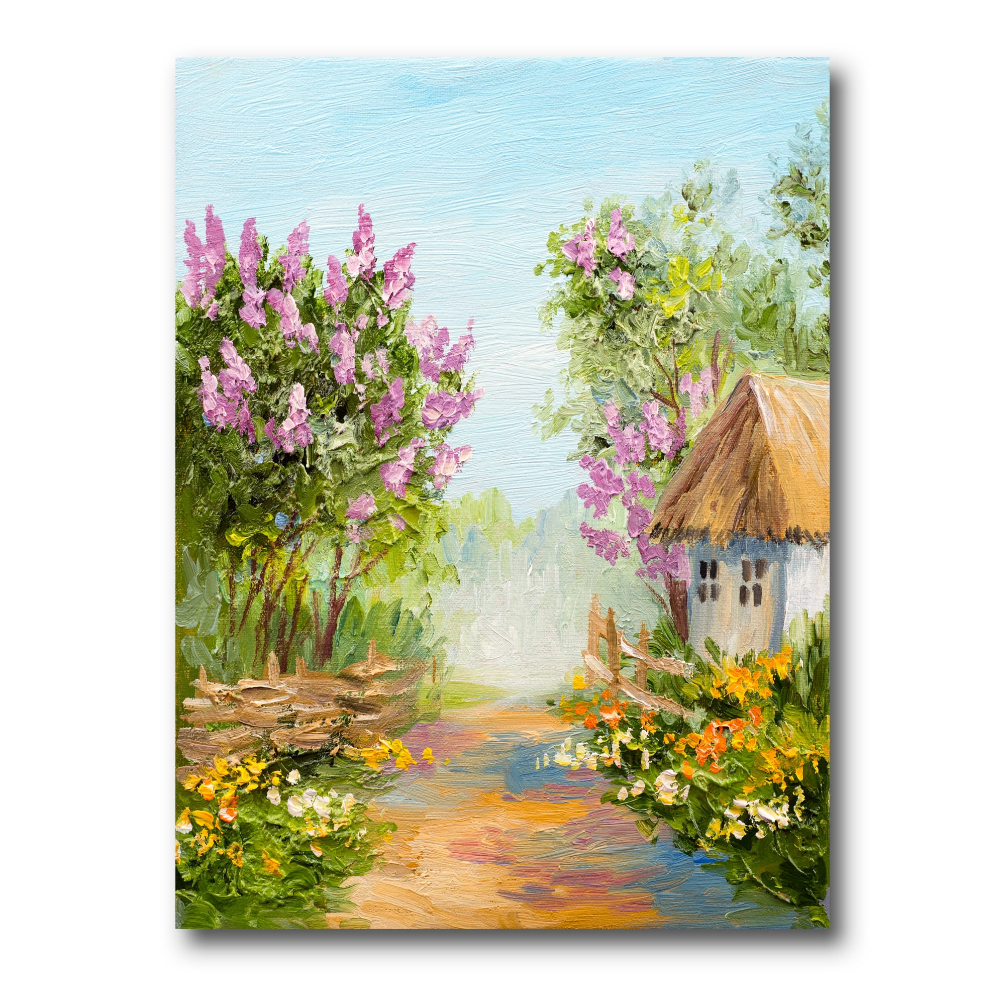 Designart ' Little House In The Blossoming Flowers Forest ' Lake House Canvas Wall Art Print