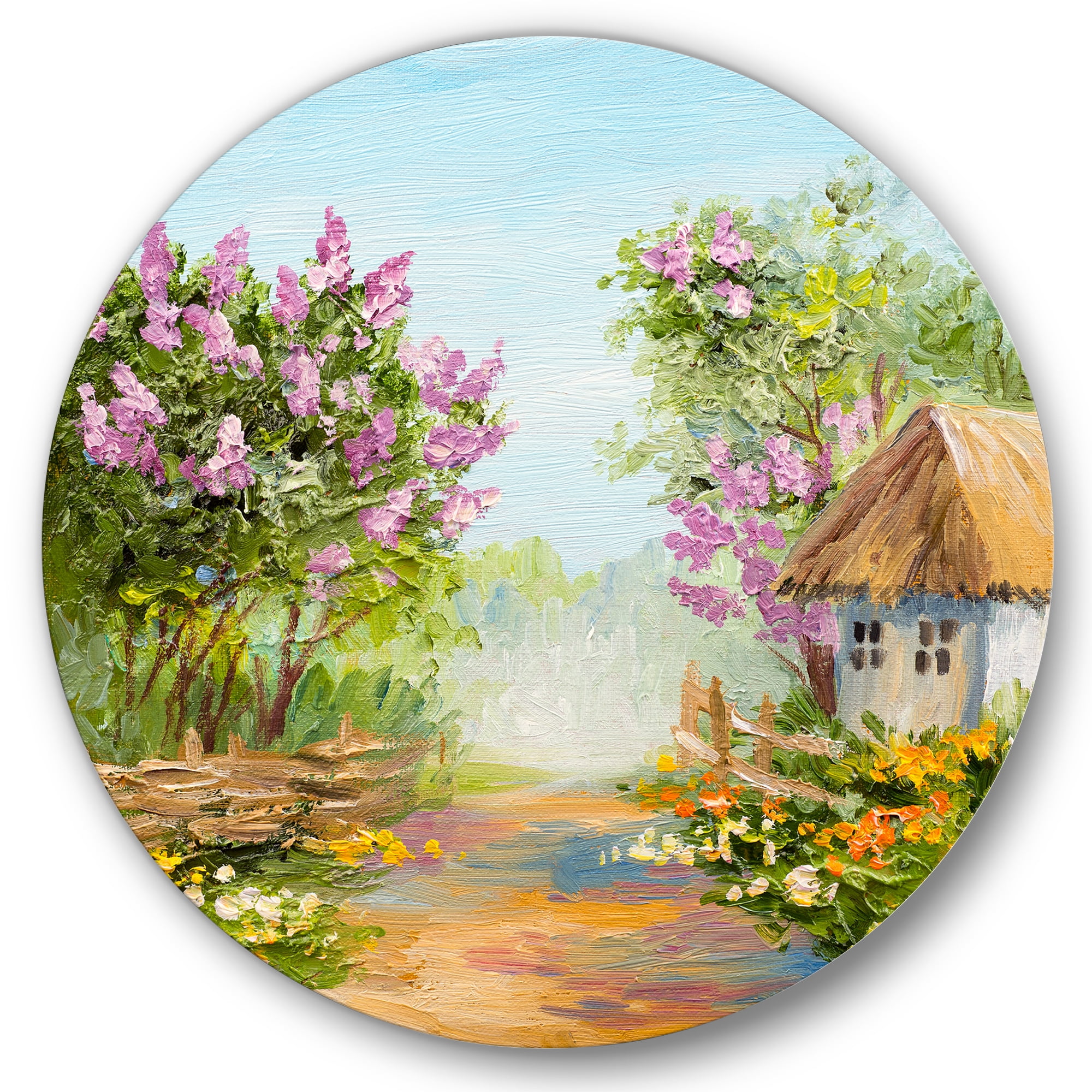 Designart 'Little House In The Blossoming Flowers Forest' Lake House Circle Metal Wall Art 11x11 - Disc of 11