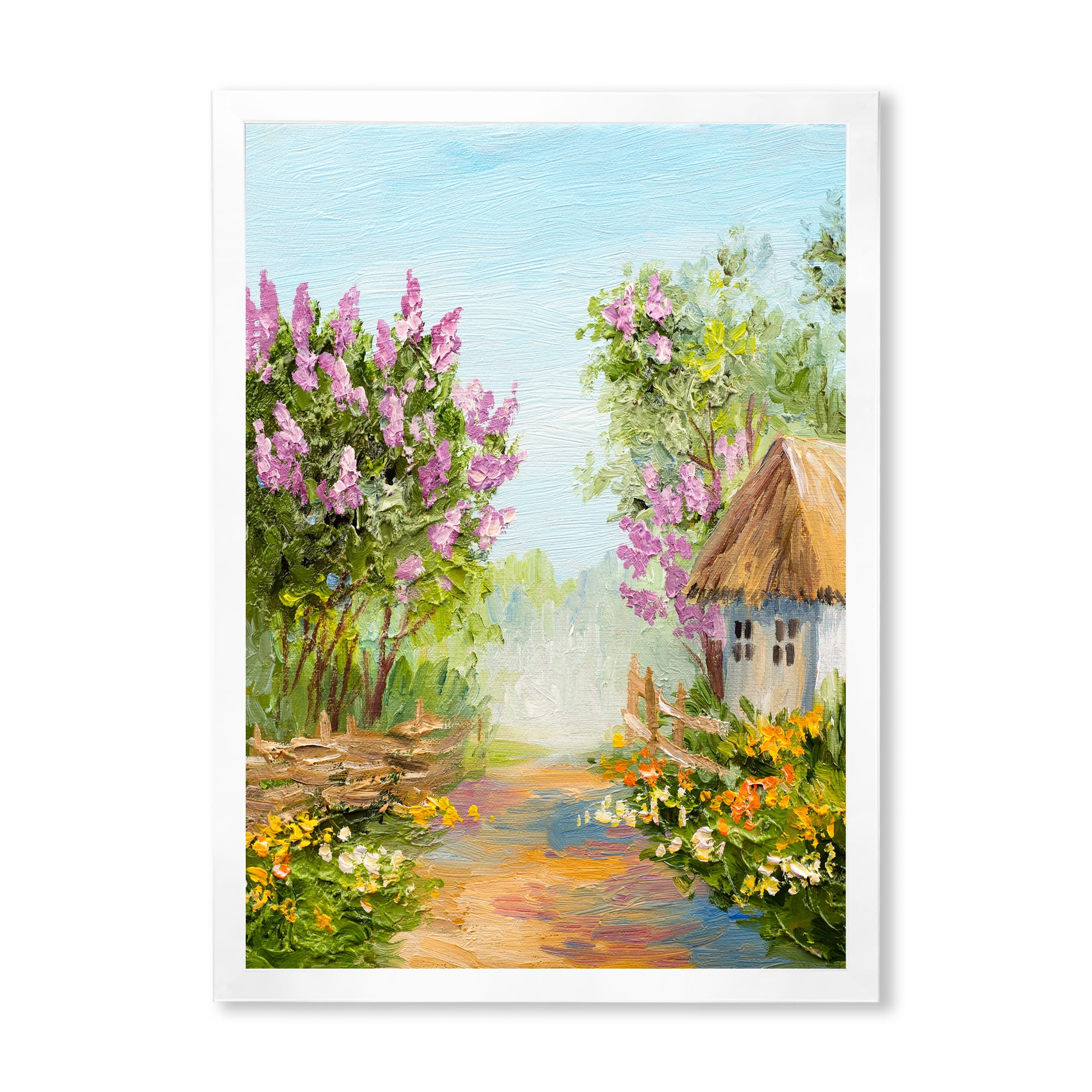 Designart 'Little House In The Blossoming Flowers Forest' Lake House Framed Art Print
