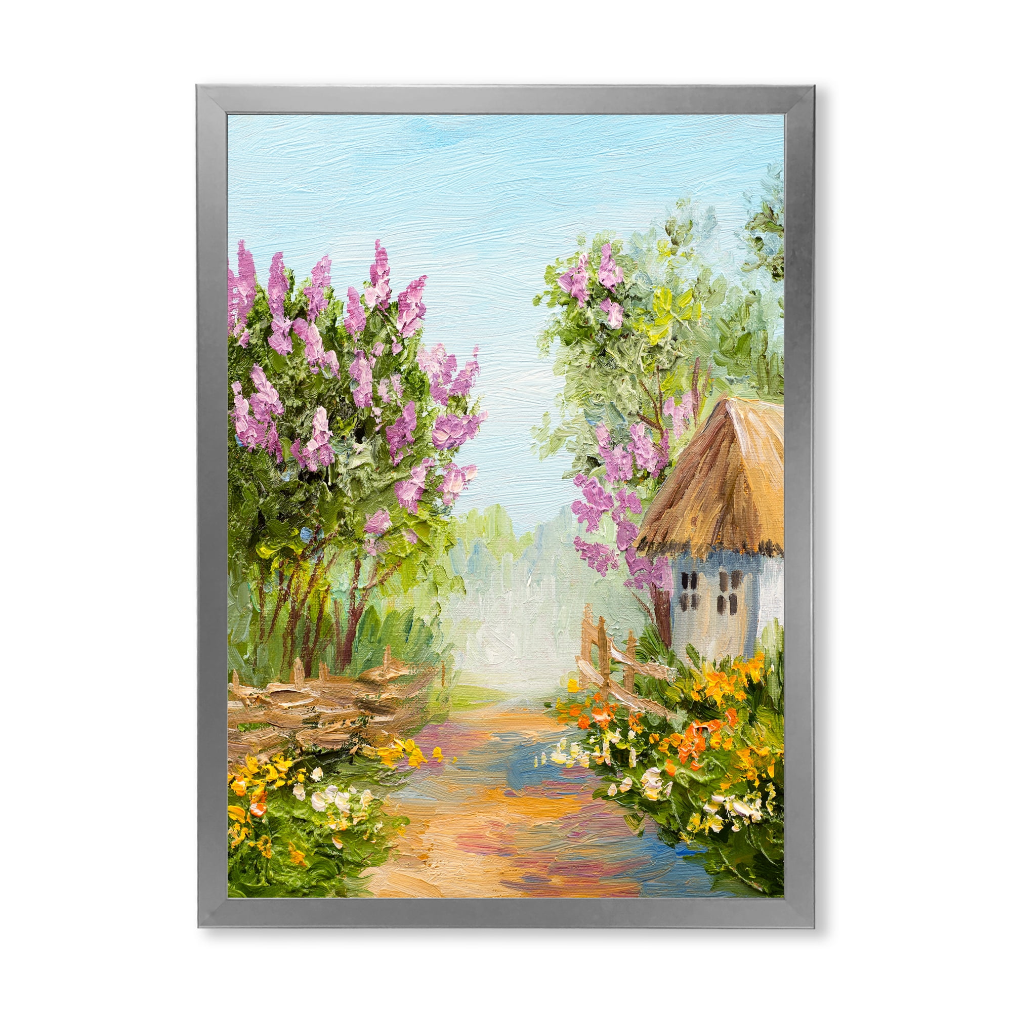 Designart 'Little House In The Blossoming Flowers Forest' Lake House Framed Art Print