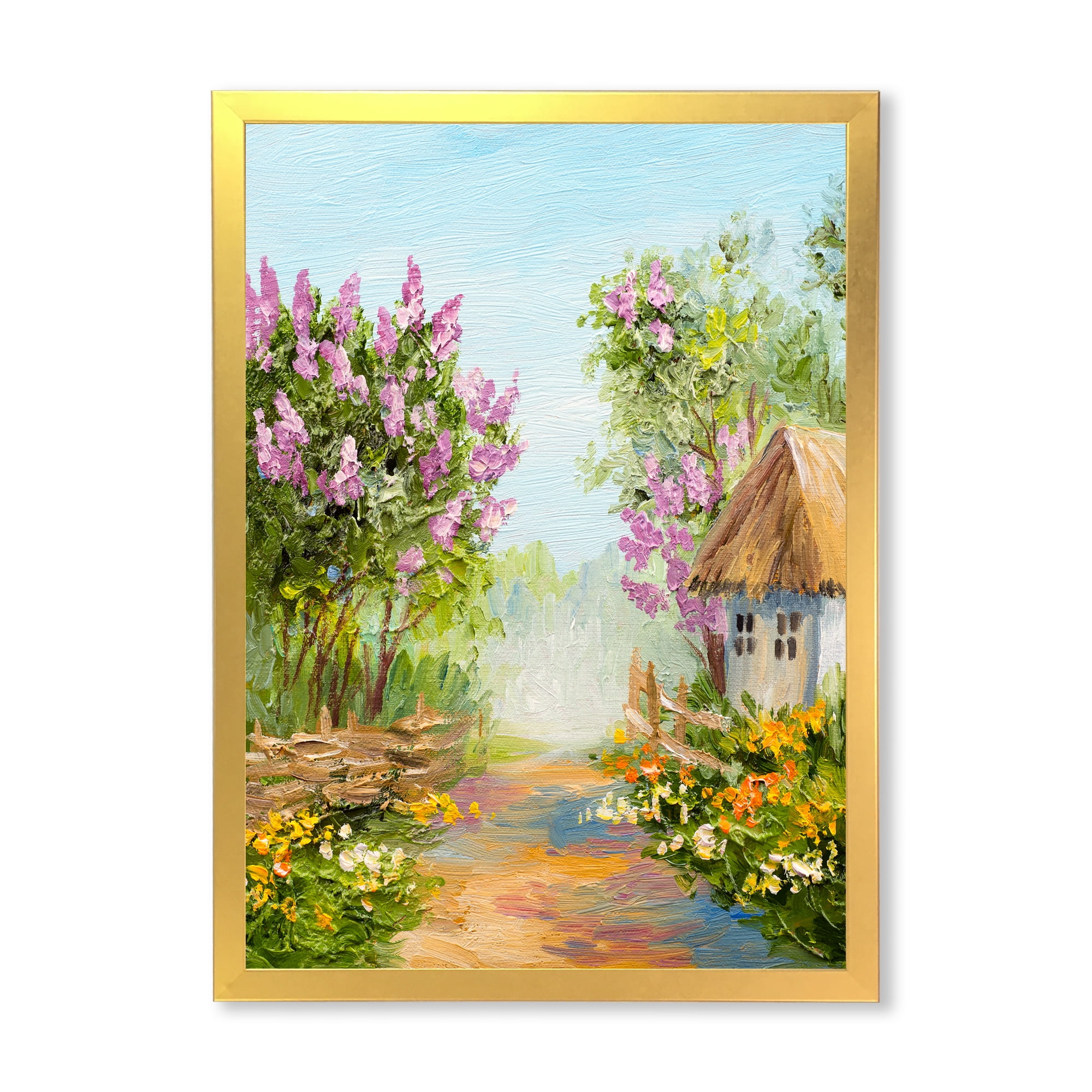 Designart 'Little House In The Blossoming Flowers Forest' Lake House Framed Art Print