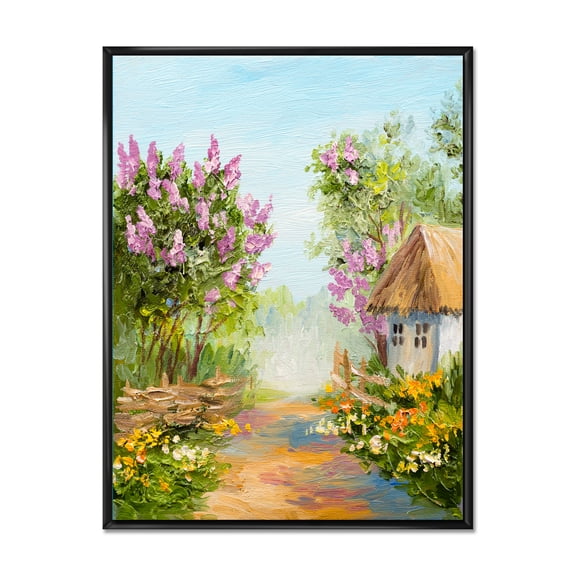 Designart 'Little House In The Blossoming Flowers Forest' Lake House Framed Canvas Wall Art Print