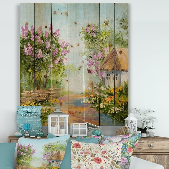 Designart 'Little House In The Blossoming Flowers Forest' Lake House Print on Natural Pine Wood