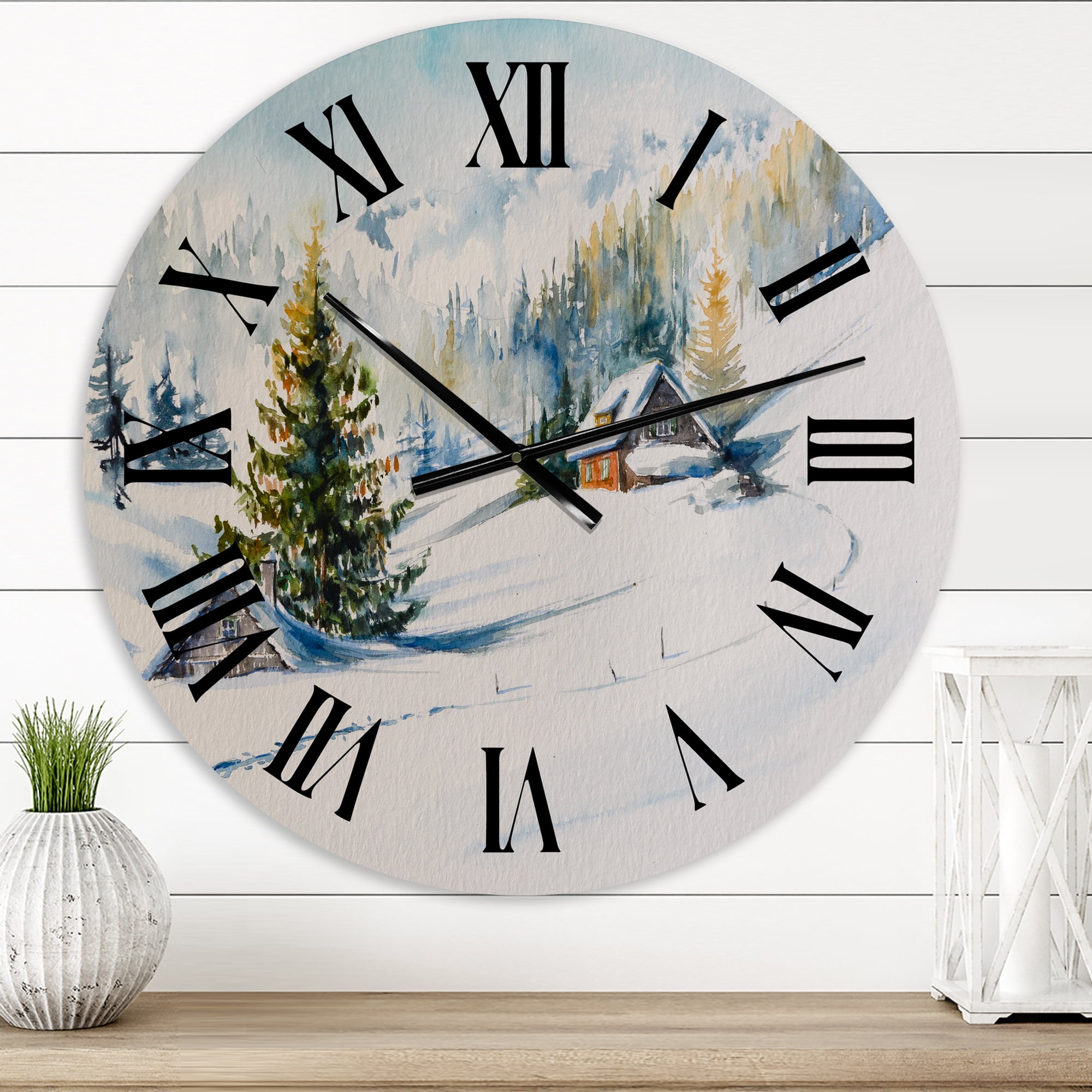Designart 'Little House In The Winter Mountains' Traditional Wall Clock