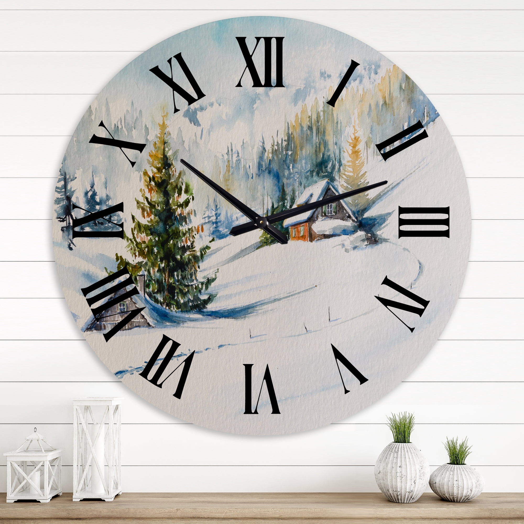 Designart 'Little House In The Winter Mountains' Traditional Wall Clock