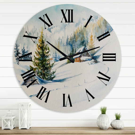 Designart 'Little House In The Winter Mountains' Traditional Wall Clock