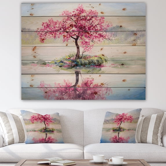 Designart 'Little Idyllic IsLand With Japanese Cherry Blossom Tree' Farmhouse Print on Natural Pine Wood