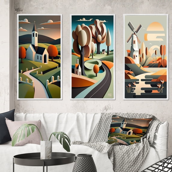 Designart "Little Mountain Road Journey to Rustic White Church" Abstract Landscape Framed Wall Art Set Of 3 - Green Abstract Landscapes Frame Gallery Wall Set For Home Decor