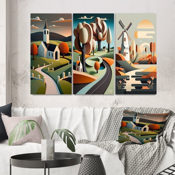Designart "Little Mountain Road Journey to Rustic White Church" Abstract Landscape Wall Art Set Of 3 - Abstract Landscapes Green Gallery Wall Set For Home Decor