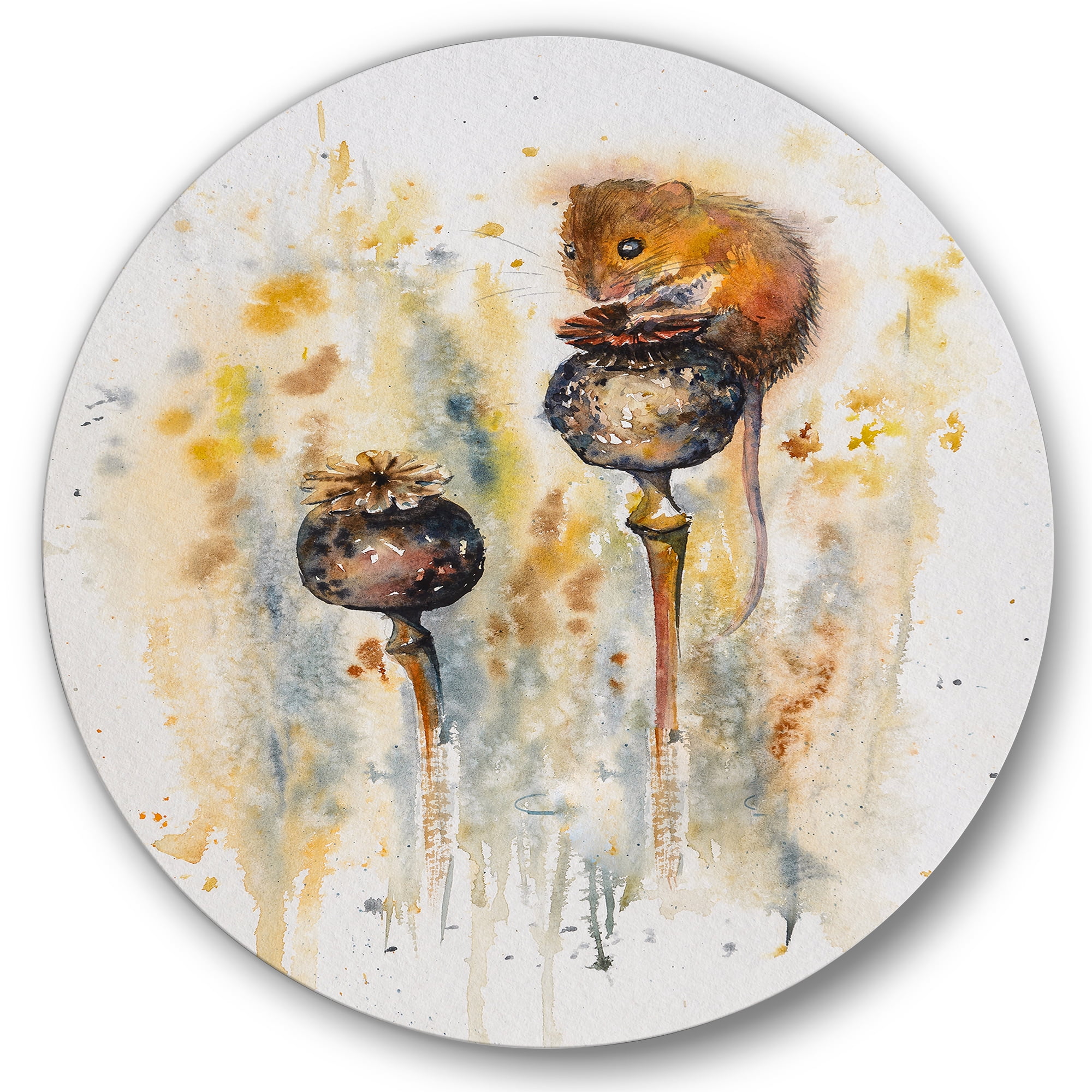 Designart 'Little Mouse Sitting On Poppies' Traditional Circle Metal Wall Art 29x29 - Disc of 29