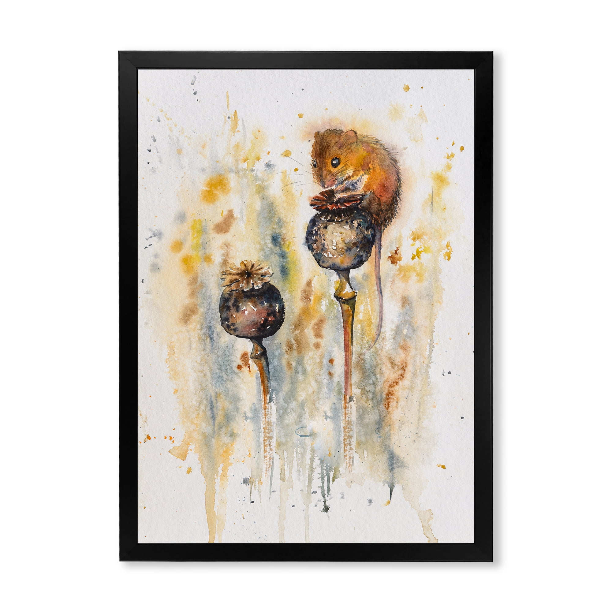 Designart 'Little Mouse Sitting On Poppies' Traditional Framed Art Print