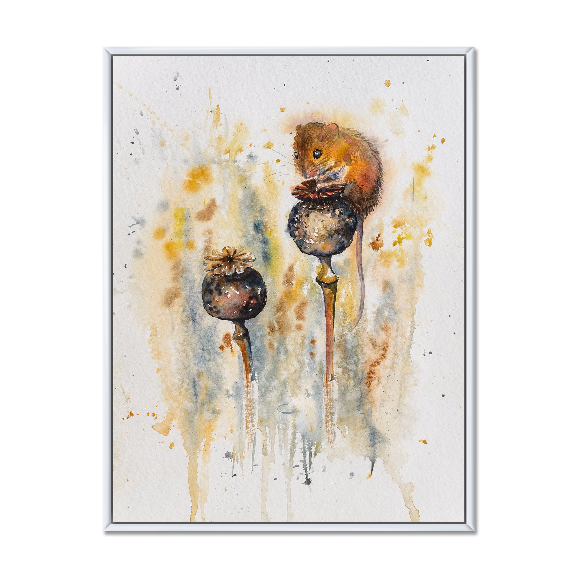 Designart 'Little Mouse Sitting On Poppies' Traditional Framed Canvas Wall Art Print