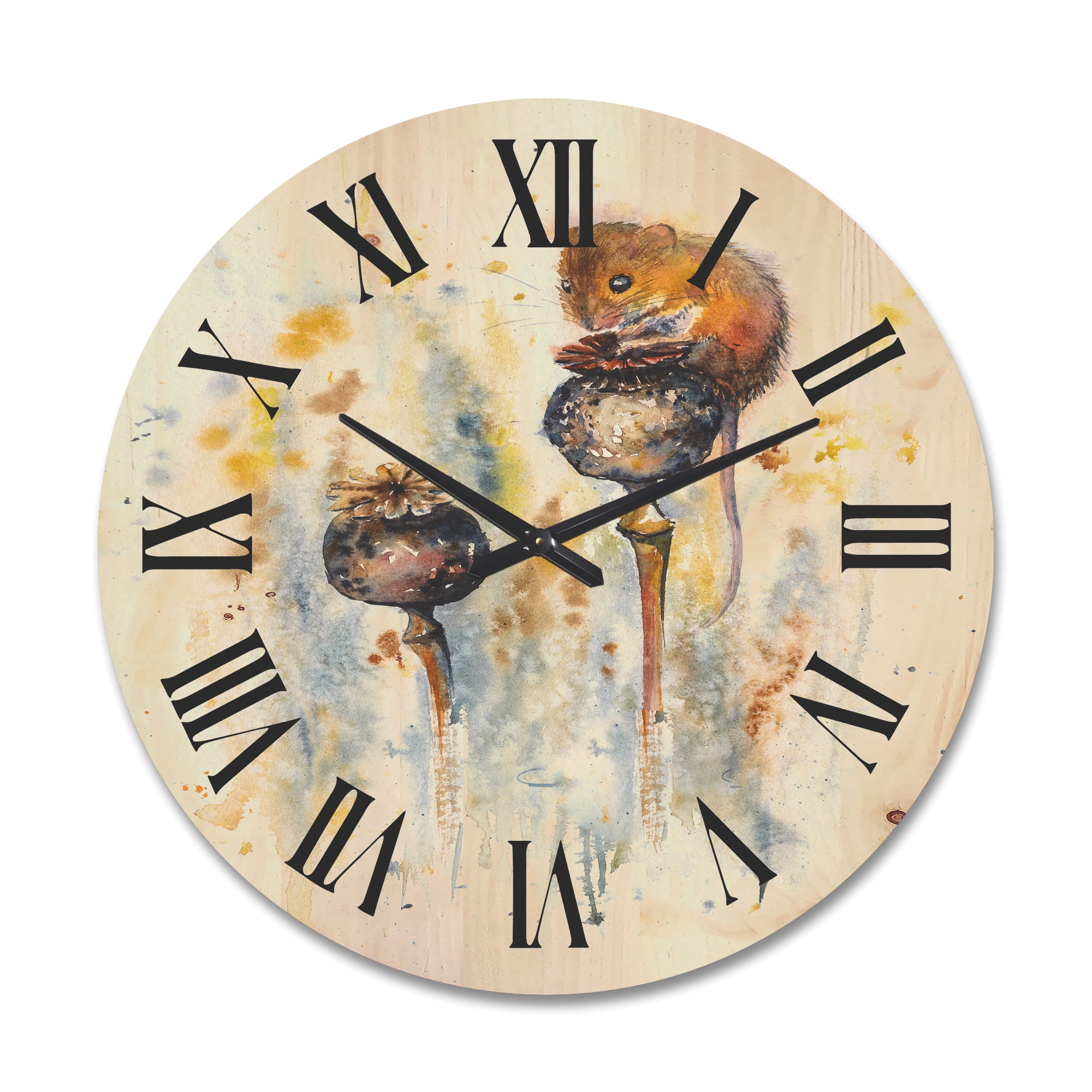 Designart 'Little Mouse Sitting On Poppies' Traditional Wood Wall Clock