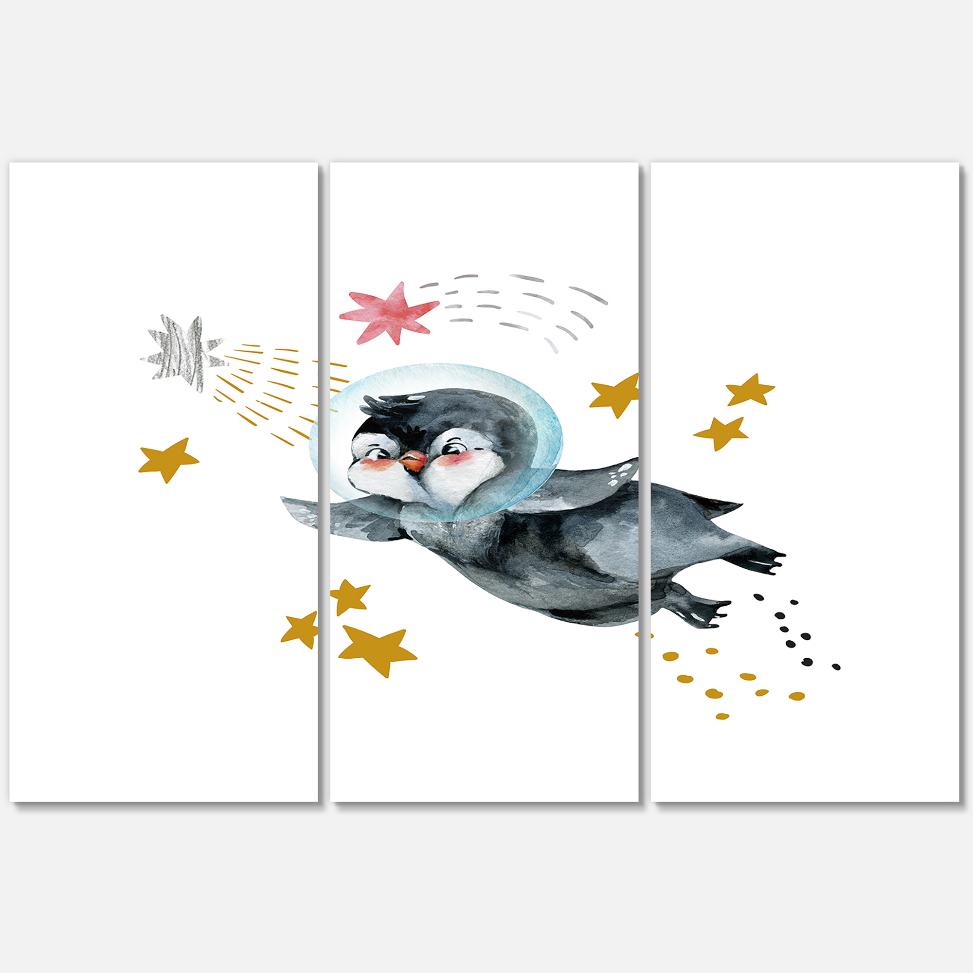 Designart ' Little Penguin Flying Planets and Stars I ' Farmhouse Canvas Wall Art Print