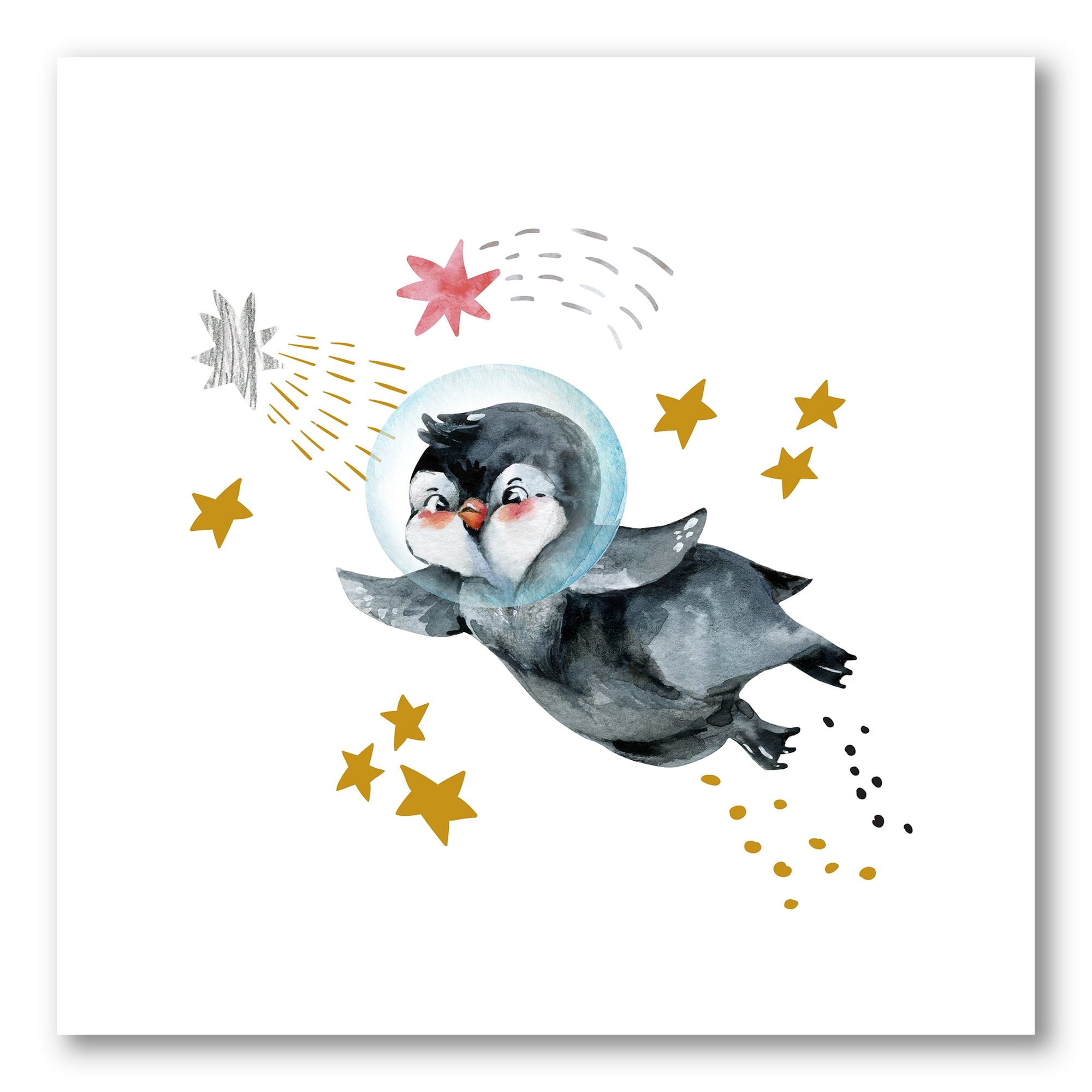 Designart ' Little Penguin Flying Planets and Stars I ' Farmhouse Canvas Wall Art Print
