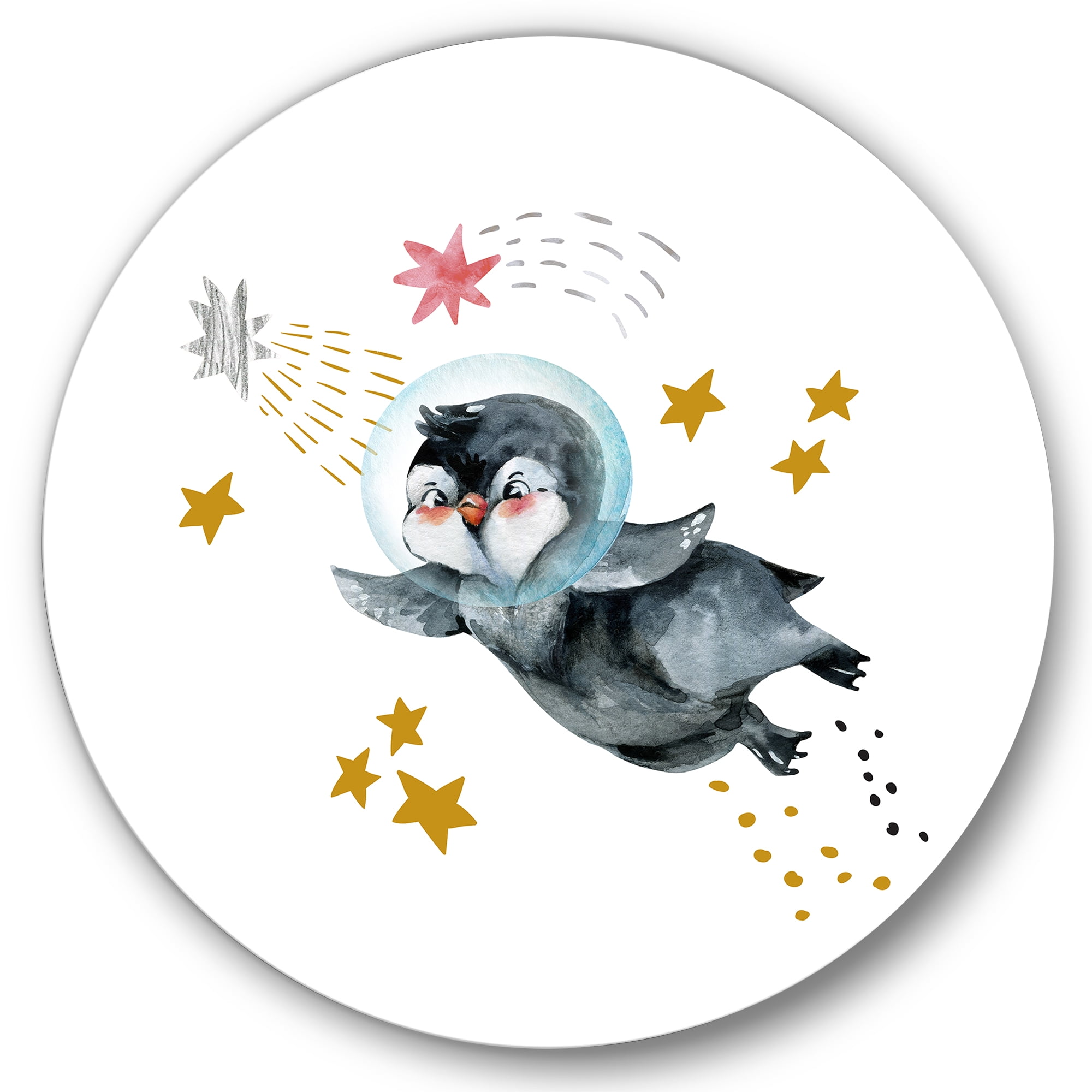 Designart 'Little Penguin Flying Planets and Stars I' Farmhouse Circle Metal Wall Art 11x11 - Disc of 11