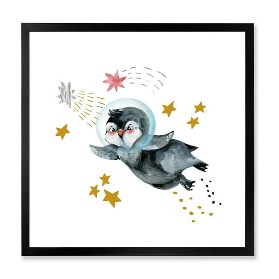 Designart 'Little Penguin Flying Planets and Stars I' Farmhouse Framed Art Print