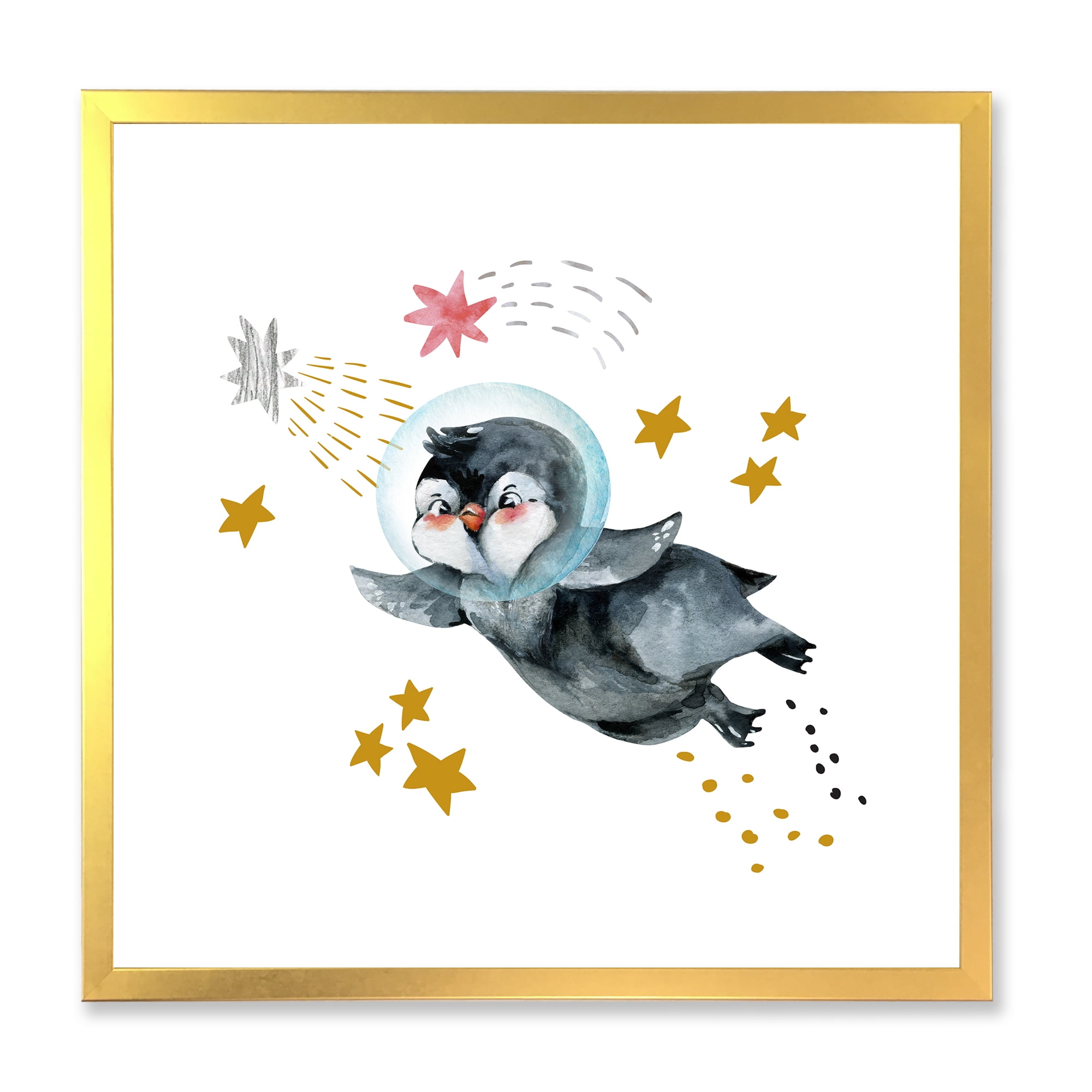 Designart 'Little Penguin Flying Planets and Stars I' Farmhouse Framed Art Print