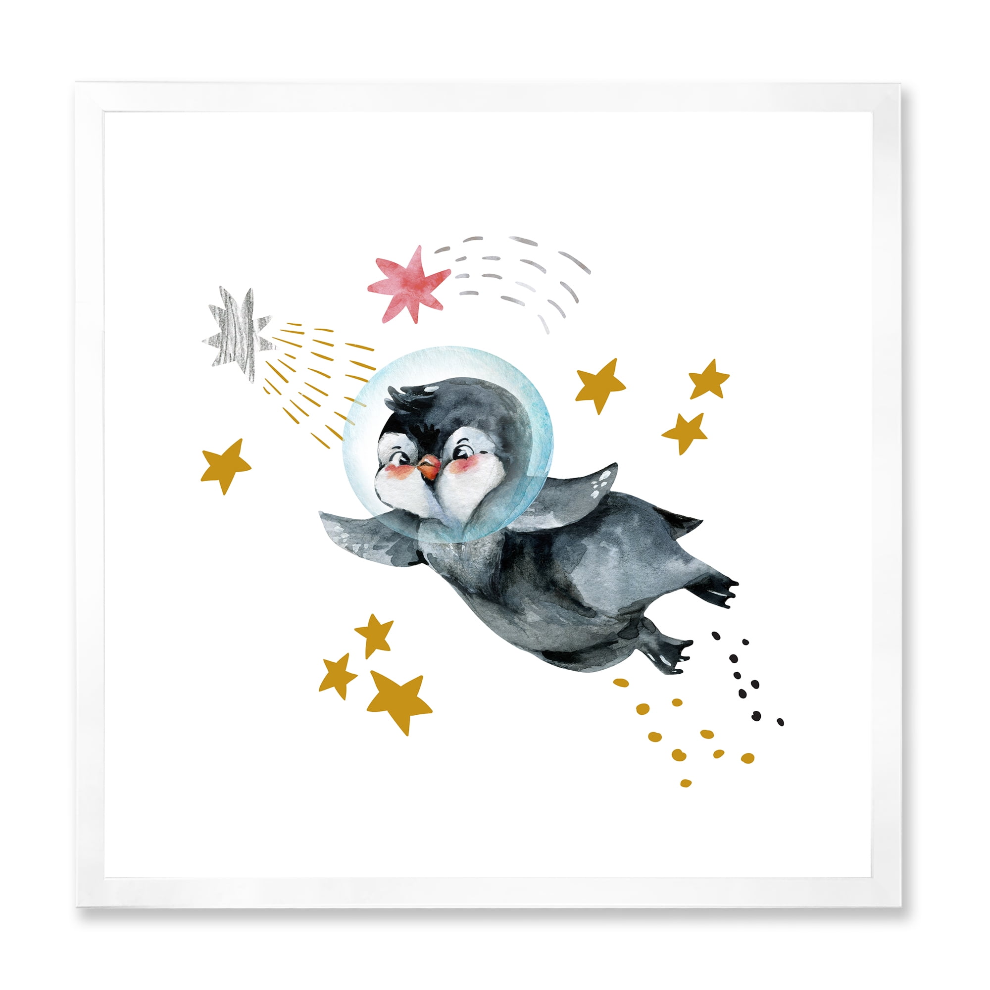 Designart 'Little Penguin Flying Planets and Stars I' Farmhouse Framed Art Print
