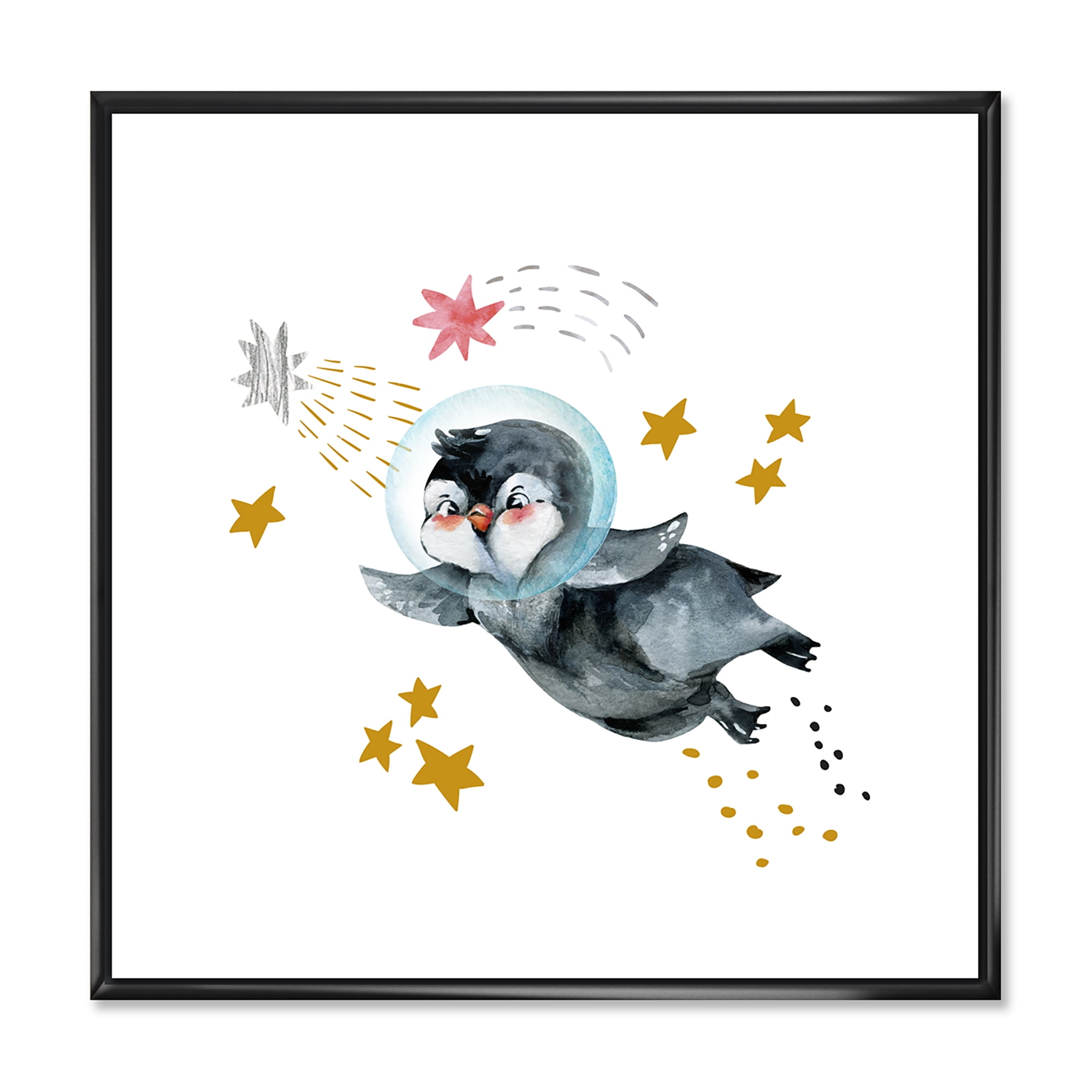 Designart 'Little Penguin Flying Planets and Stars I' Farmhouse Framed Canvas Wall Art Print