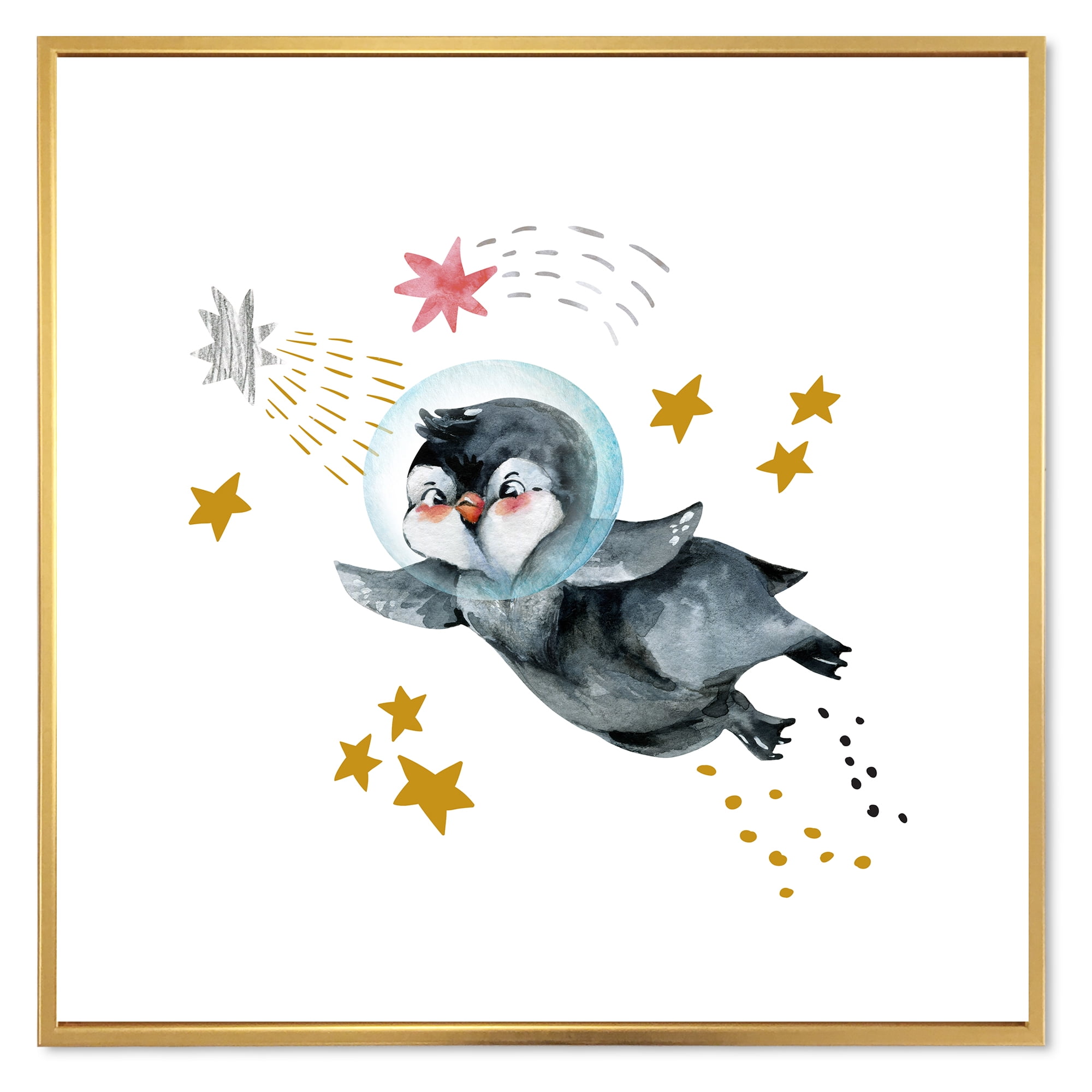 Designart 'Little Penguin Flying Planets and Stars I' Farmhouse Framed Canvas Wall Art Print