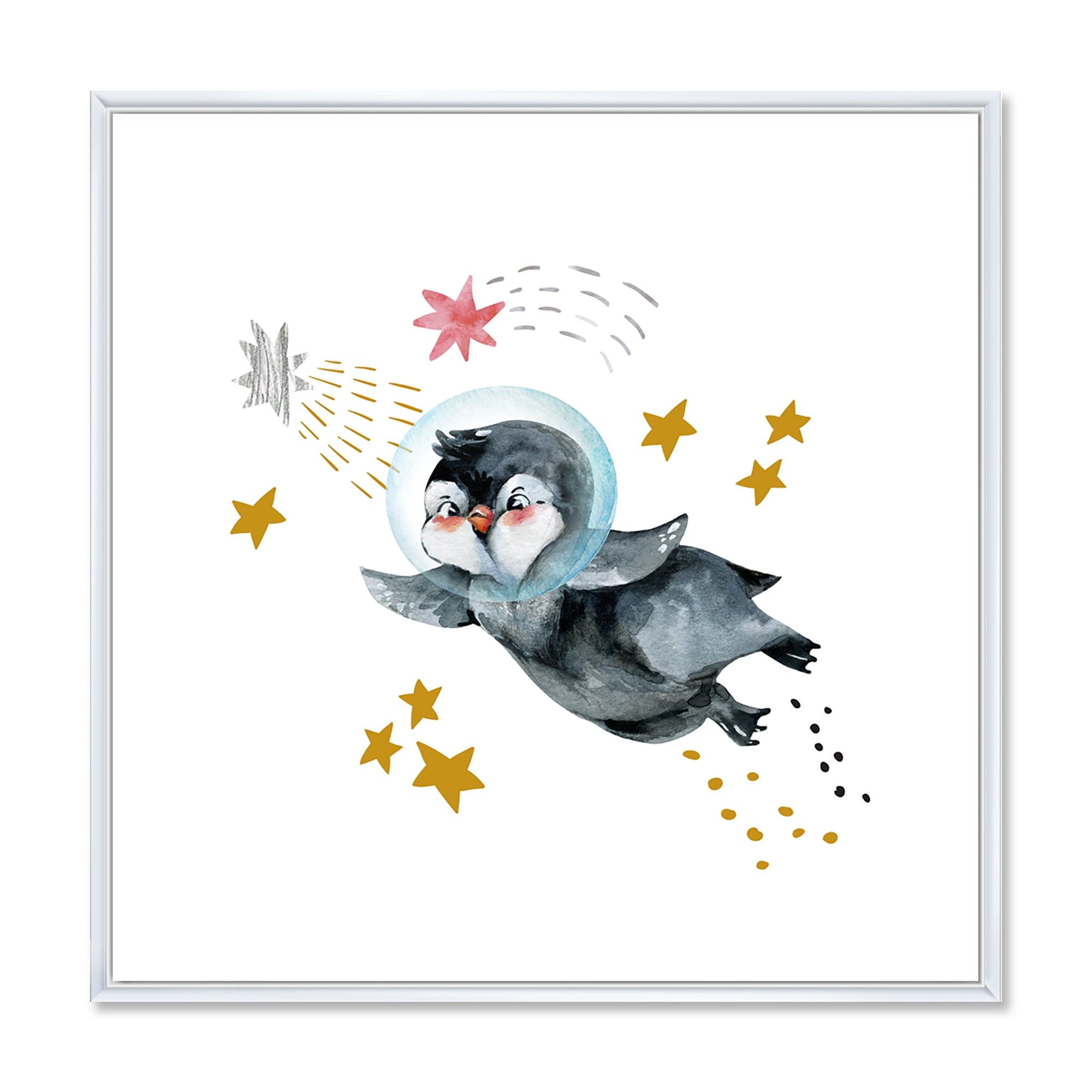 Designart 'Little Penguin Flying Planets and Stars I' Farmhouse Framed Canvas Wall Art Print