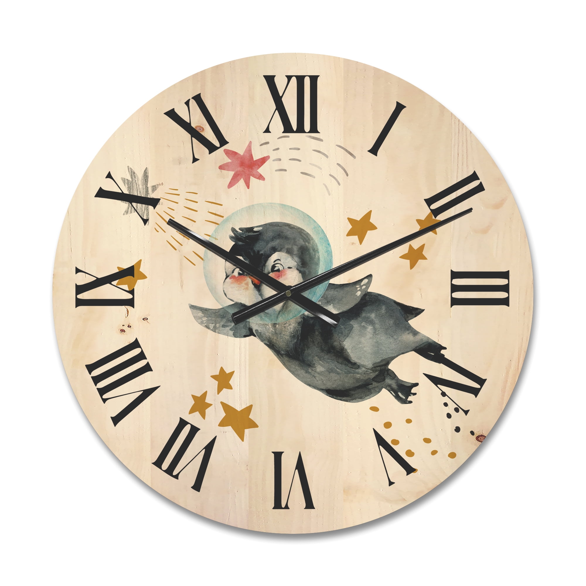 Designart 'Little Penguin Flying Planets and Stars I' Farmhouse Wood Wall Clock