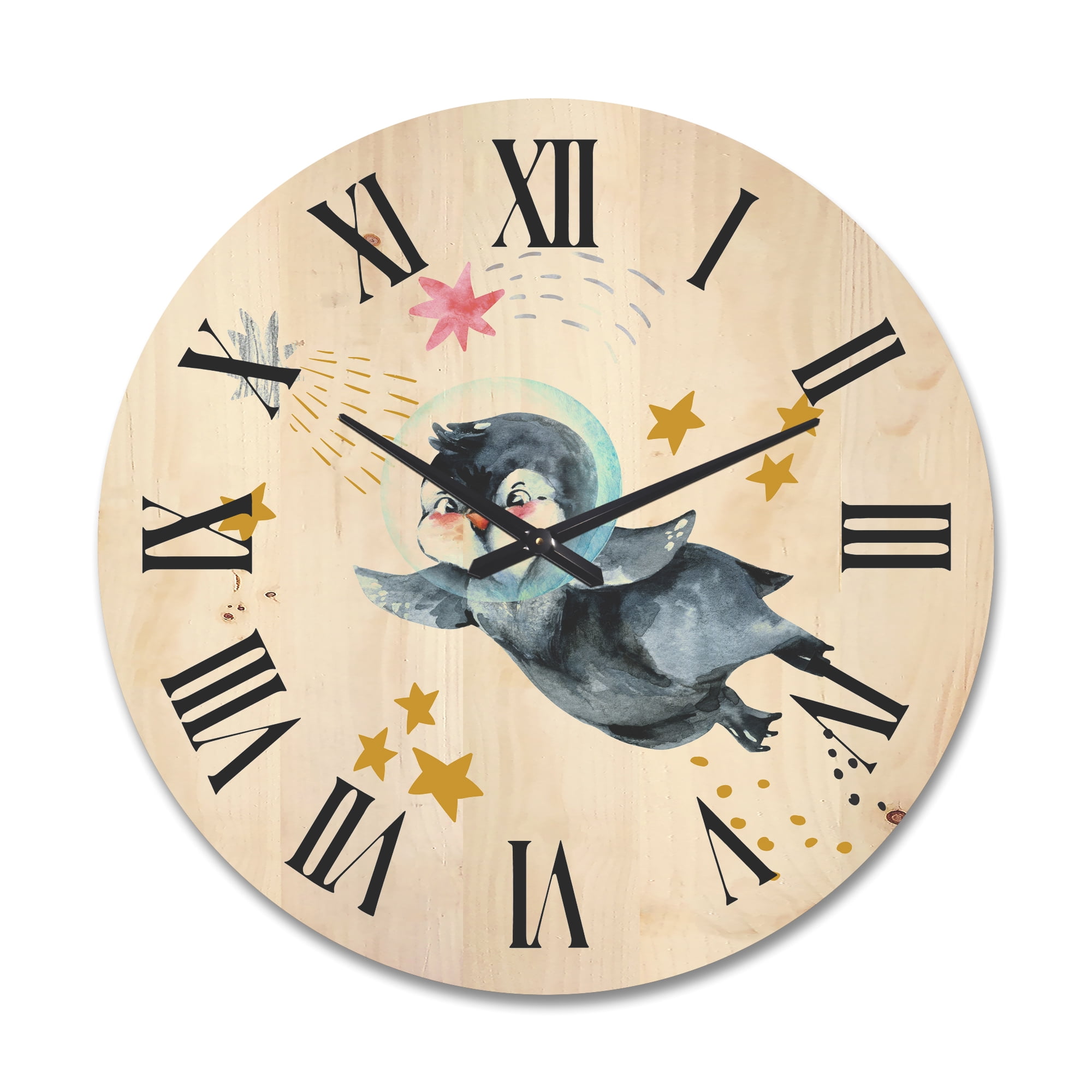 Designart 'Little Penguin Flying Planets and Stars I' Farmhouse Wood Wall Clock