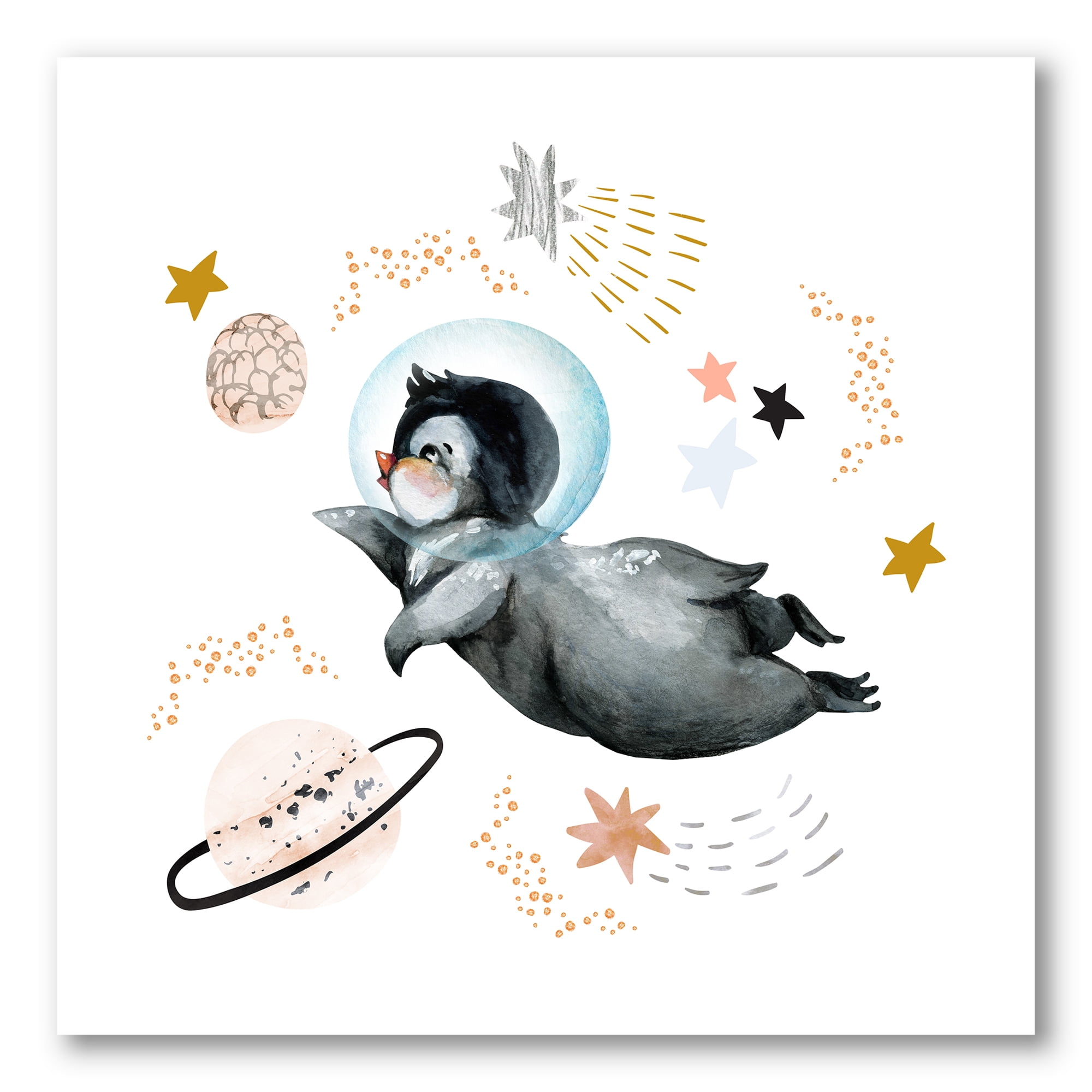 Designart ' Little Penguin Flying Planets and Stars II ' Farmhouse Canvas Wall Art Print