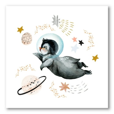 Designart ' Little Penguin Flying Planets and Stars II ' Farmhouse Canvas Wall Art Print