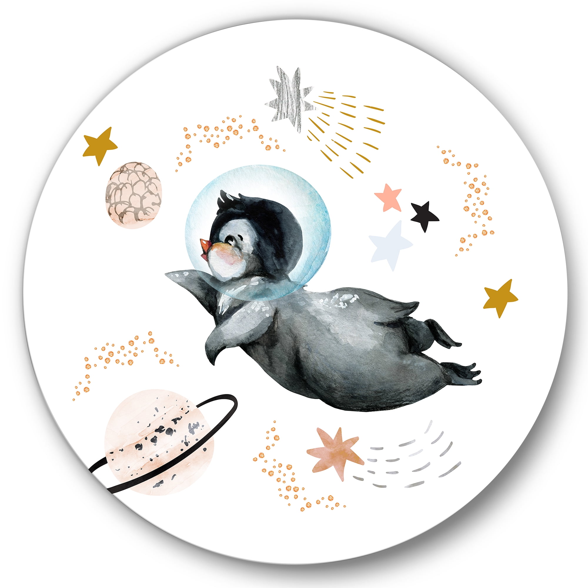 Designart 'Little Penguin Flying Planets and Stars II' Farmhouse Circle Metal Wall Art 29x29 - Disc of 29
