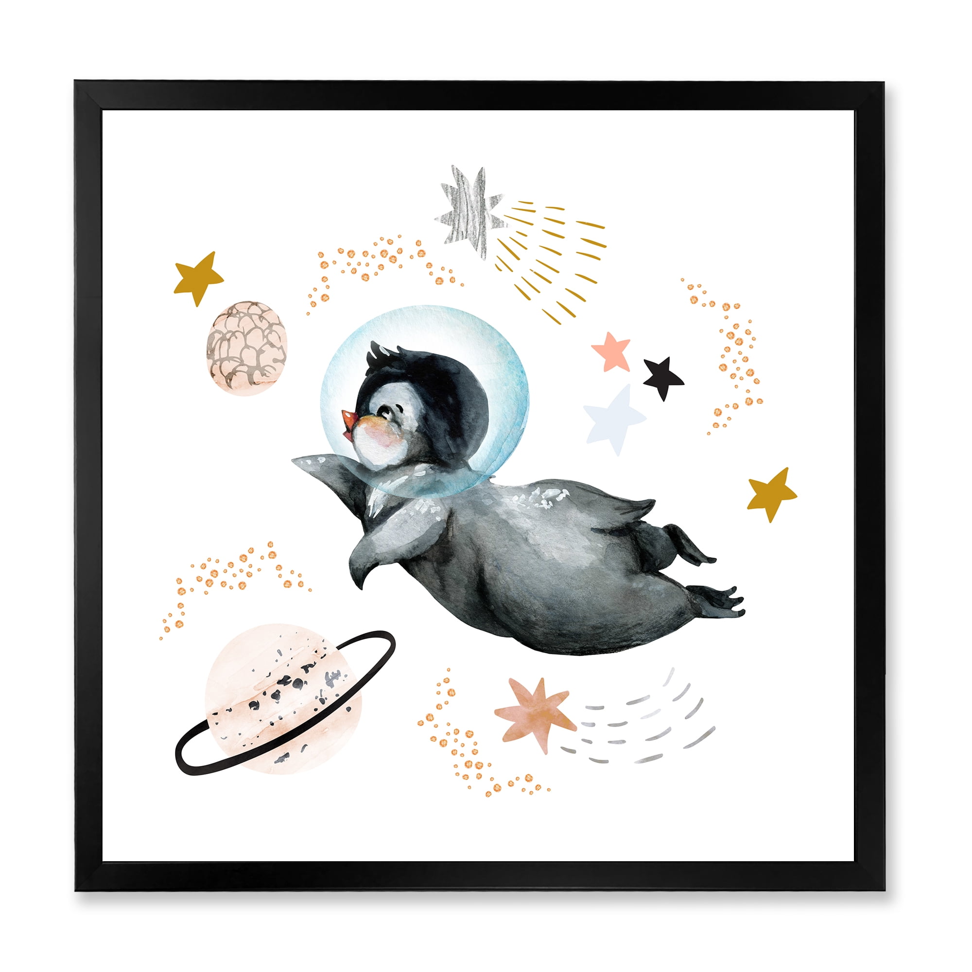 Designart 'Little Penguin Flying Planets and Stars II' Farmhouse Framed Art Print
