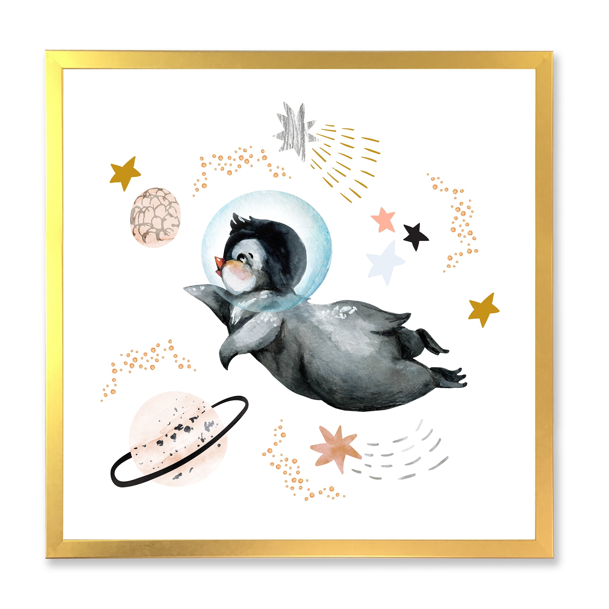 Designart 'Little Penguin Flying Planets and Stars II' Farmhouse Framed Art Print
