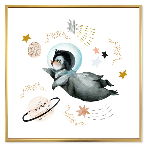 Designart 'Little Penguin Flying Planets and Stars II' Farmhouse Framed Canvas Wall Art Print