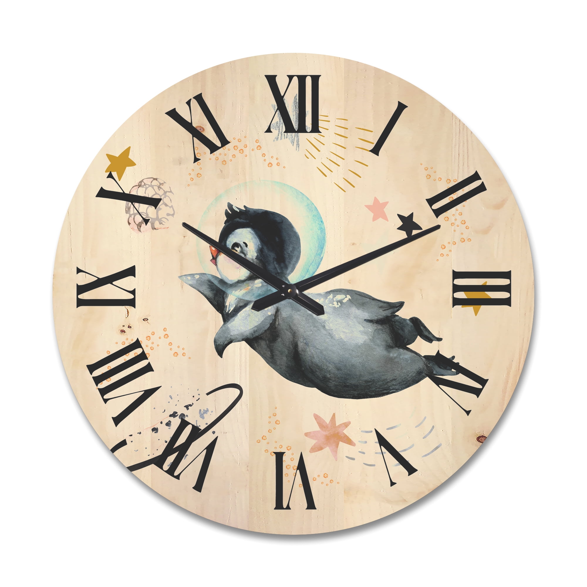 Designart 'Little Penguin Flying Planets and Stars II' Farmhouse Wood Wall Clock