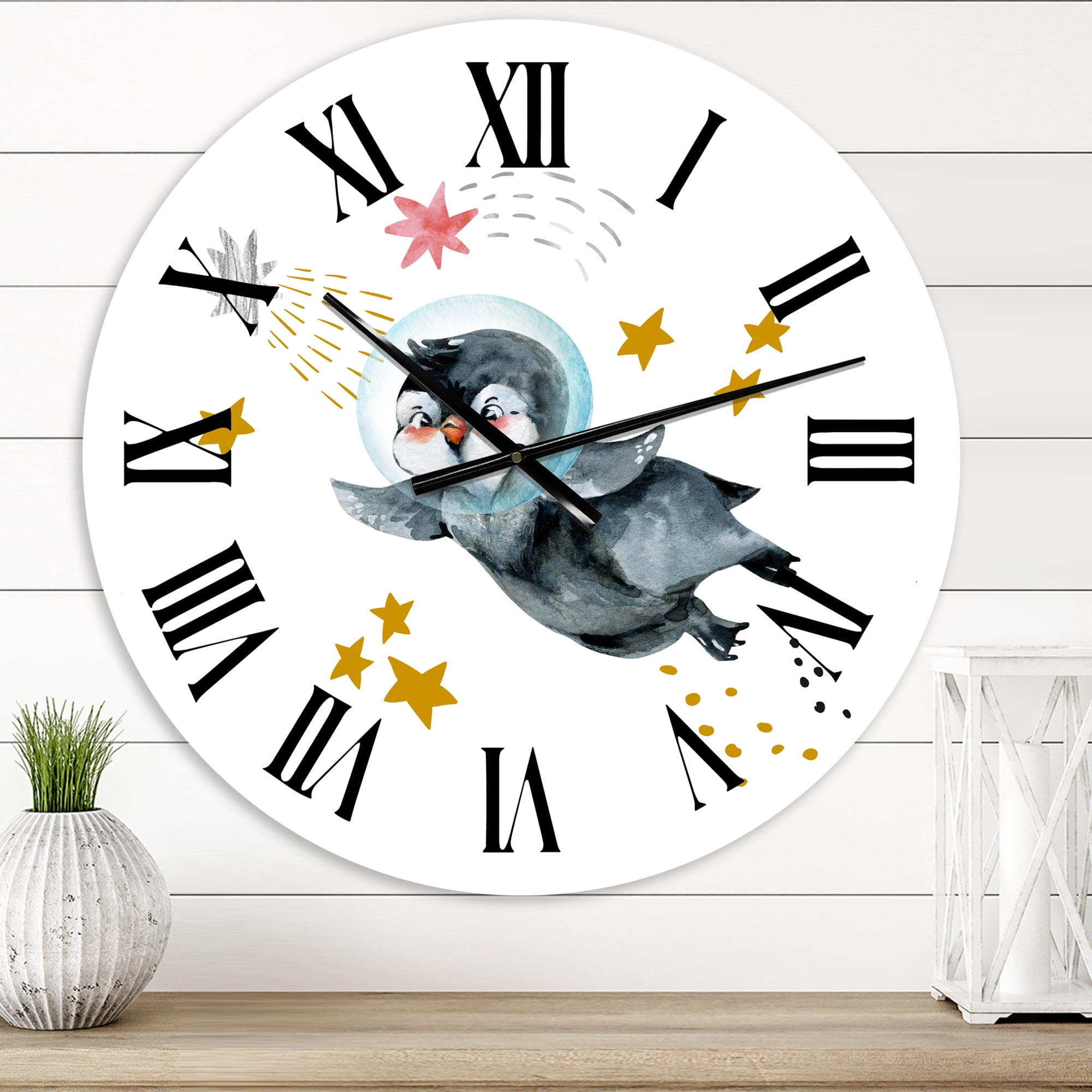 Designart 'Little Penguin Flying Stars And Planets I' Farmhouse Wall Clock